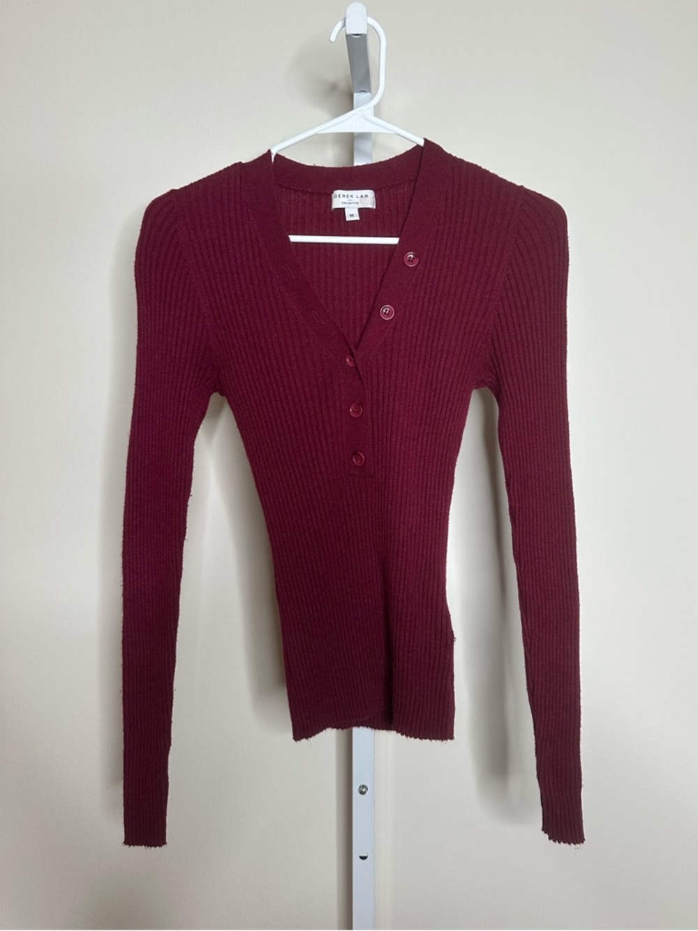 Derek Lam Ribbed Henley Long Sleeve Sweater in Burgundy - Picture 2 of 5